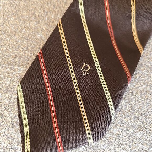 Vintage Christian Dior Brown Repp Striped Silk Tie Embroidered Logo 58" - Picture 2 of 7
